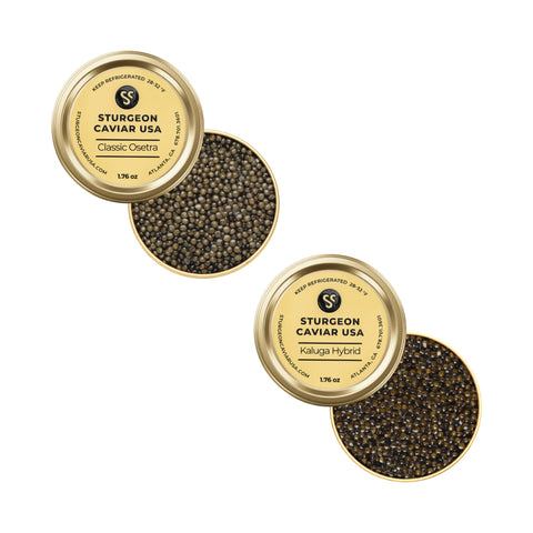 Classic Osetra & Kaluga Hybrid Caviar Tasting Set (2 x 1.76 oz) - half open tins with lids 