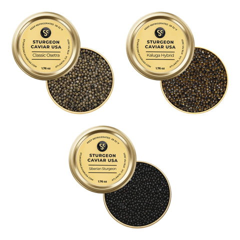 Classic Osetra, Kaluga Hybrid & Siberian Sturgeon Caviar Tasting Set (3 x 1.76 oz) - half open tins with lids