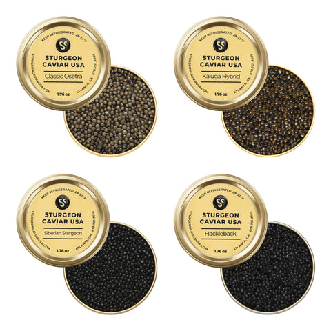 Classic Osetra, Kaluga Hybrid, Siberian Sturgeon & Hackleback Caviar Tasting Set (4 x 1.76 oz) - half open tins with lids