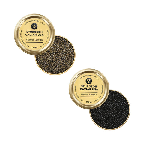 Classic Osetra & Siberian Sturgeon Caviar Tasting Set (2 x 1.76 oz) - half open tins with lids