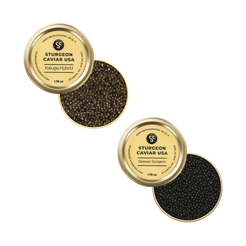 Kaluga Hybrid & Siberian Sturgeon Caviar Tasting Set (2 x 1.76 oz) - half open tins with lids