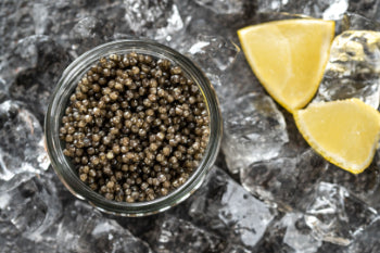 Jar of osetra caviar with lemon wedges on a dark surface
