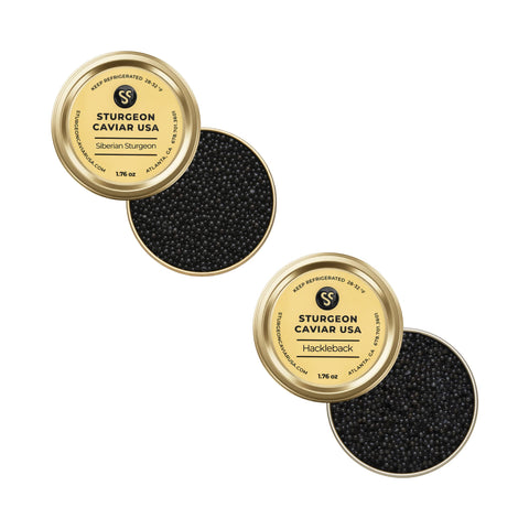 Siberian Sturgeon & Hackleback Caviar Tasting Set (2 x 1.76 oz) - half open tins with lids